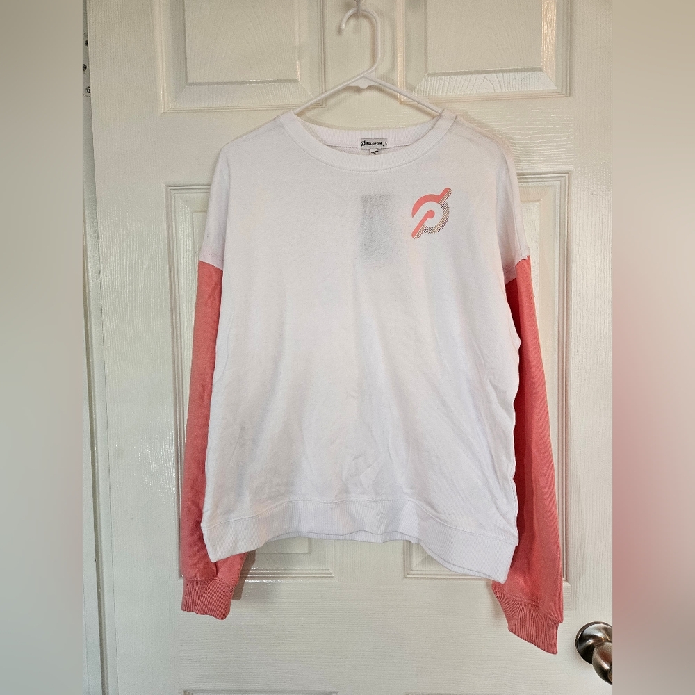 Peloton White and Pink Logo Sweater Sweatshirt Womens Size Large 100% Cotton